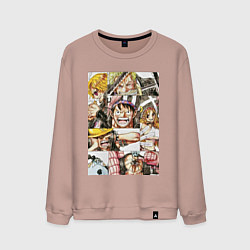 Свитшот хлопковый мужской Ван-Пис Луффи Монки Д коллаж, цвет: пыльно-розовый