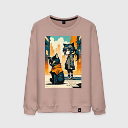 Свитшот хлопковый мужской Кот и девочка гуляют на своём районе - нейросеть, цвет: пыльно-розовый
