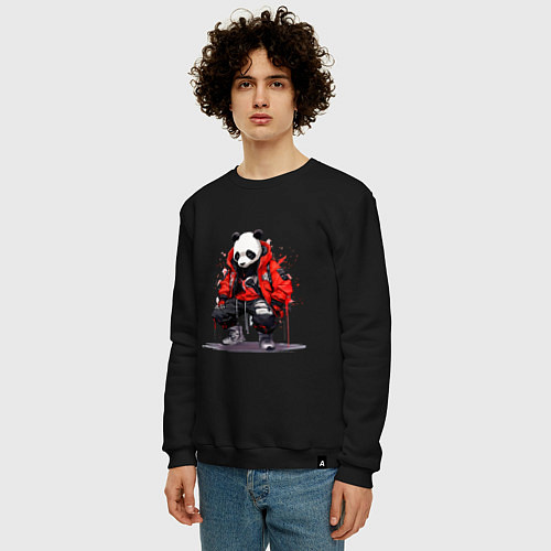 Мужской свитшот Модная панда в красной куртке / Черный – фото 3