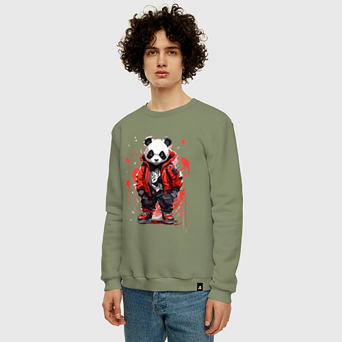 Мужской свитшот Модная панда в красной куртке / Авокадо – фото 3