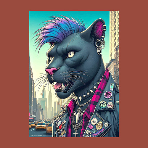 Мужской свитшот Чувак пантера панк житель Нью-Йорка - нейросеть / Кирпичный – фото 3