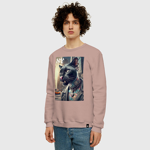 Мужской свитшот Cool dude panther from New York - ai art / Пыльно-розовый – фото 3