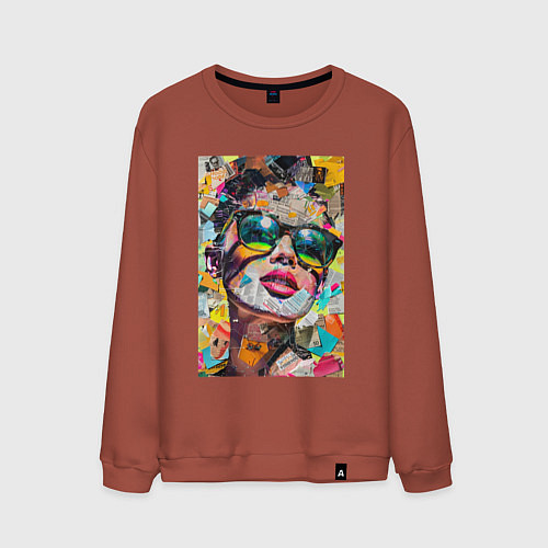 Мужской свитшот Лицо девушки из обрезков газет и журналов / Кирпичный – фото 1