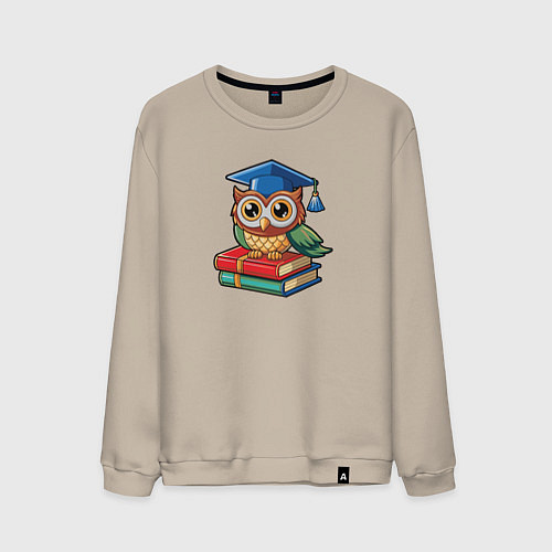 Мужской свитшот Милая сова в студентскойк шапке / Миндальный – фото 1