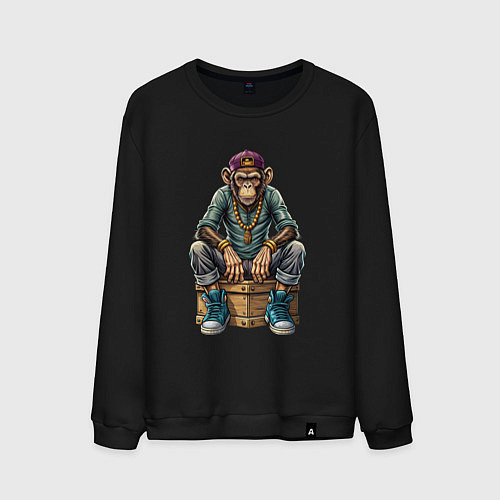 Мужской свитшот Обезьяна в хип-хоп стиле сидит на ящике / Черный – фото 1