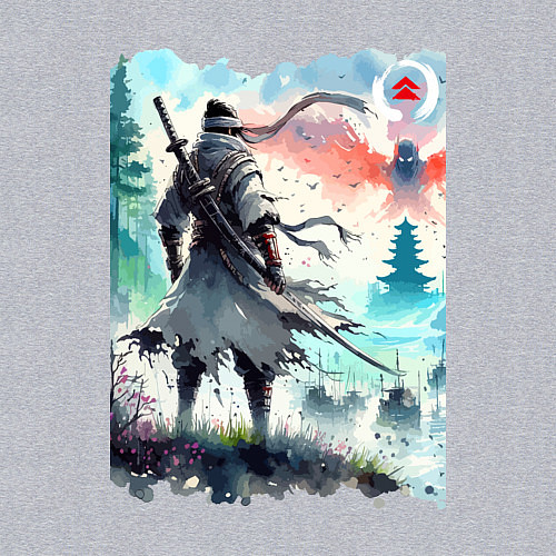 Мужской свитшот Warrior samurai - ai art watercolor / Меланж – фото 3