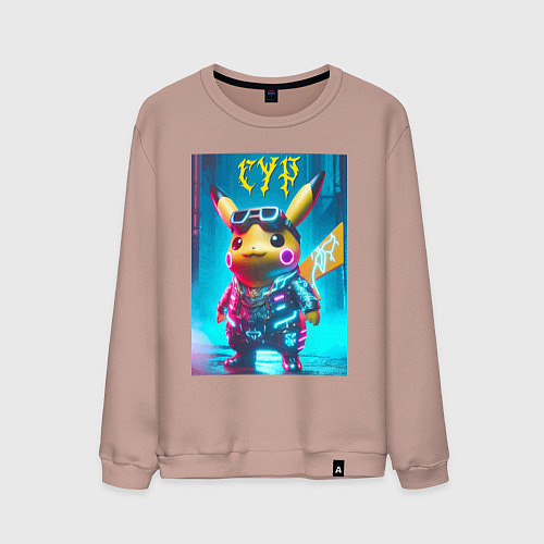 Мужской свитшот Cyber Pikachu - ai art fantasy / Пыльно-розовый – фото 1