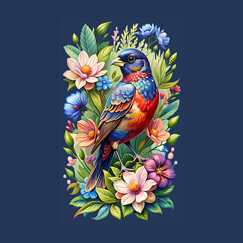 Мужской свитшот Расписной овсянковый кардинал среди цветов / Тёмно-синий – фото 3