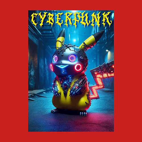 Мужской свитшот Cyberpunk - cool Pikachu neon glow / Красный – фото 3