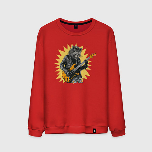 Мужской свитшот Мейн-Кун Рокер Играющий на Гитаре / Красный – фото 1