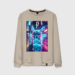 Свитшот хлопковый мужской Маленький милый неоновый Пикачу - нейроарт, цвет: миндальный