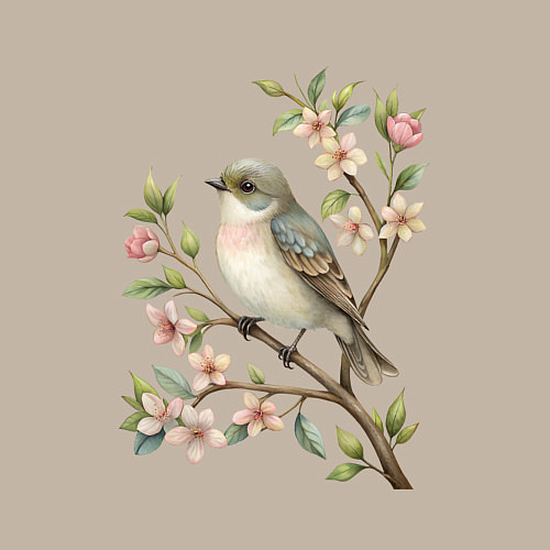 Мужской свитшот Маленькая птичка на ветке с цветами / Миндальный – фото 3