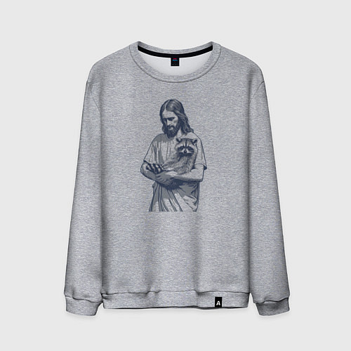 Мужской свитшот Иисус держит милого енота на своих руках / Меланж – фото 1