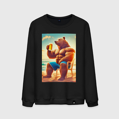 Мужской свитшот Bear bodybuilder with a cup of beer on a beach - a / Черный – фото 1