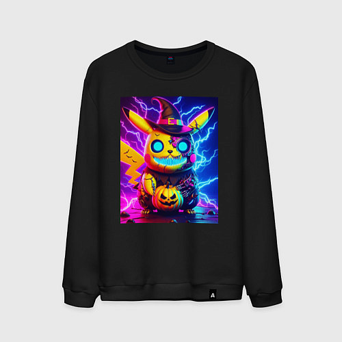 Мужской свитшот Пикачу киберпанк зомби - неоновое свечение / Черный – фото 1