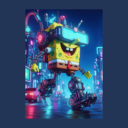 Мужской свитшот Cyber Sponge Bob - neon glow fantasy / Тёмно-синий – фото 3