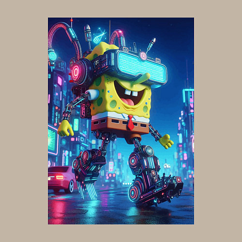 Мужской свитшот Cyber Sponge Bob - neon glow fantasy / Миндальный – фото 3