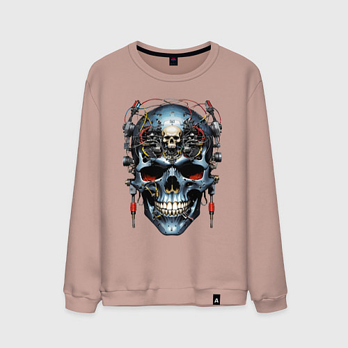 Мужской свитшот Кибер череп - нейроарт фантазия / Пыльно-розовый – фото 1