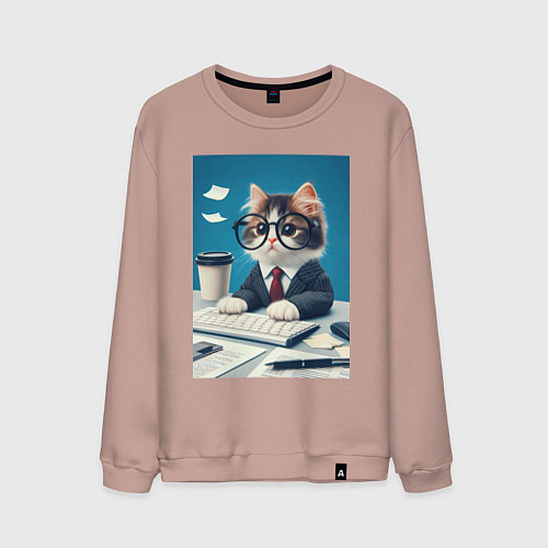 Мужской свитшот Котёнок офисный планктон - нейроарт / Пыльно-розовый – фото 1