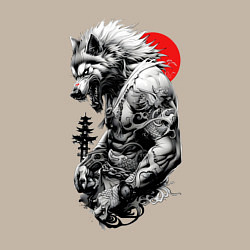 Свитшот хлопковый мужской Волк воин - японская гравюра, цвет: миндальный — фото 2