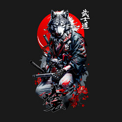 Свитшот хлопковый мужской Волк самурай - гравюра, цвет: черный — фото 2