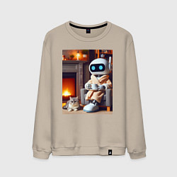 Мужской свитшот Робот у камина с котом и чашкой кофе - нейроарт