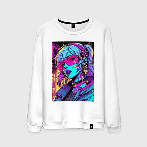 Мужской свитшот Кибер девчонка в розовых очках - нейроарт / Белый – фото 1