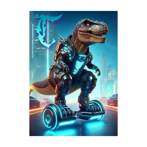 Мужской свитшот Cyber tyrannosaur on a hoverboard - neon glow fant / Белый – фото 3