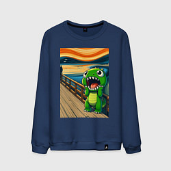 Свитшот хлопковый мужской Динозаврик кричит на картине Эдварда Мунка - мем и, цвет: тёмно-синий