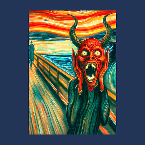 Мужской свитшот Демон кричит на картине Эдварда Мунка - мем искусс / Тёмно-синий – фото 3