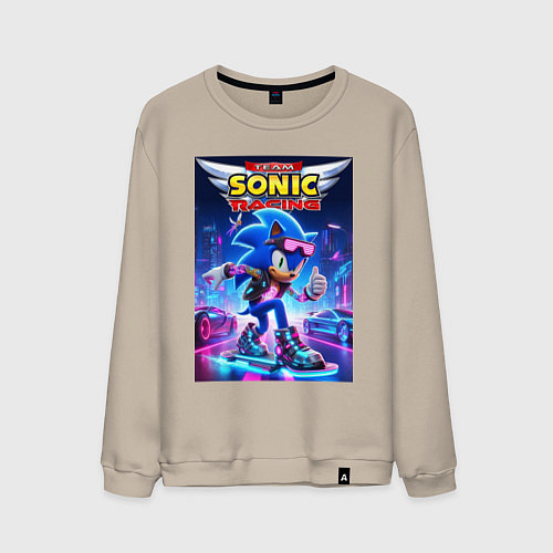 Мужской свитшот Sonic racing team - hedgehog on a board / Миндальный – фото 1