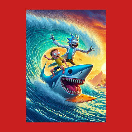 Мужской свитшот Рик и Морти - сёрфинг на акуле / Красный – фото 3
