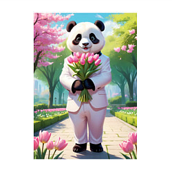 Свитшот хлопковый мужской Панда с букетом тюльпанов, цвет: белый — фото 2