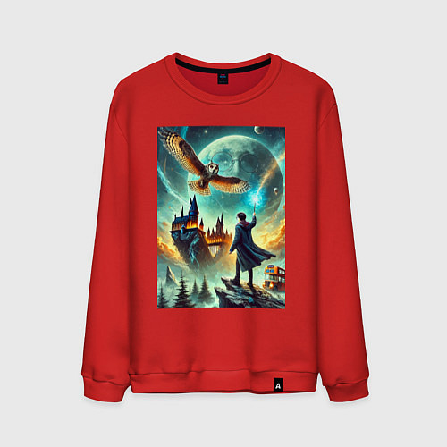 Мужской свитшот Harry Potter and owl - Hogwarts / Красный – фото 1
