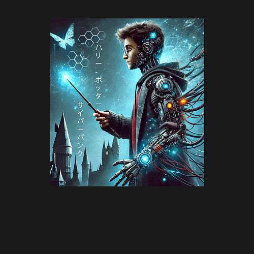 Мужской свитшот Harry Potter with a magic wand - cyberpunk / Черный – фото 3