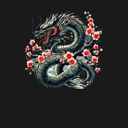 Мужской свитшот Japanese dragon and sakura - irezumi / Черный – фото 3