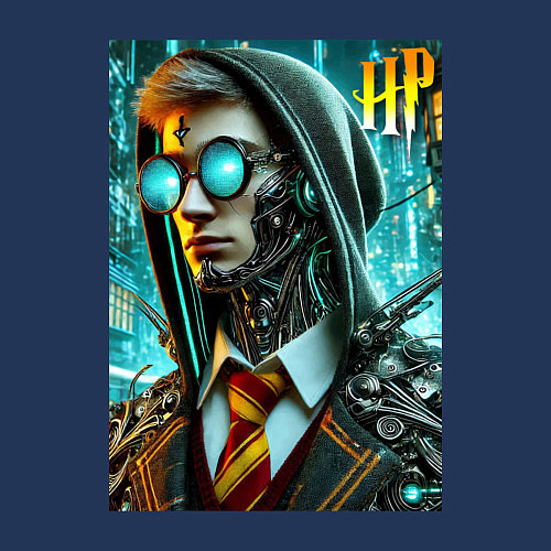 Мужской свитшот Cyber Harry Potter - ai art fantasy / Тёмно-синий – фото 3