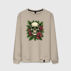 Мужской свитшот Череп в зеленых листьях и красных розах
