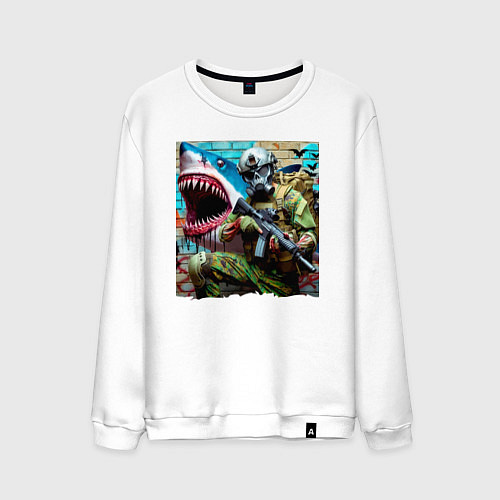 Мужской свитшот Shark and warrior - graffiti / Белый – фото 1