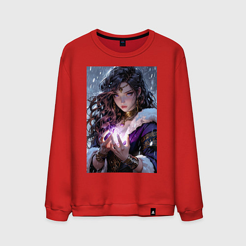 Мужской свитшот Прекрасная девушка-маг накладывает чары / Красный – фото 1