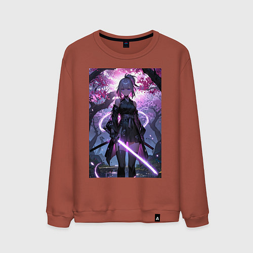 Мужской свитшот Девушка с катаной на фоне цветущей сакуры / Кирпичный – фото 1