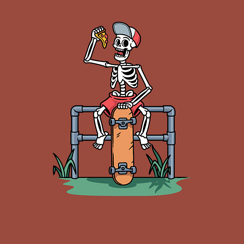 Мужской свитшот Скелетик скейтер с пиццей / Кирпичный – фото 3