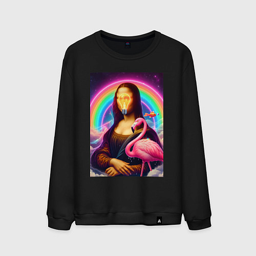 Мужской свитшот Мона Лиза - лампочка и розовый фламинго / Черный – фото 1