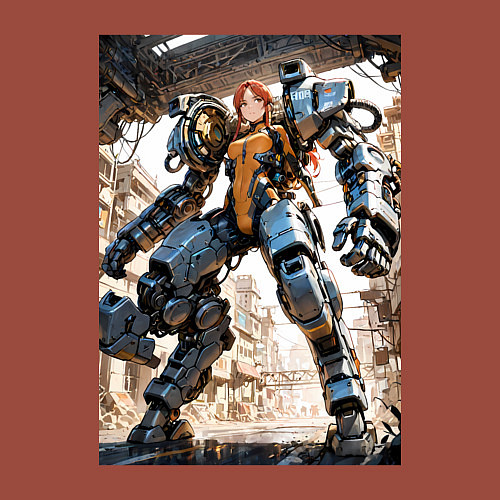 Мужской свитшот Девушка управляет огромным мехом / Кирпичный – фото 3