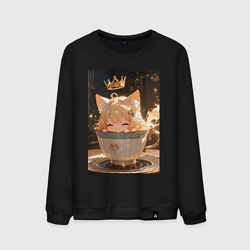 Мужской свитшот Кошечка с короной в чашке / Черный – фото 1