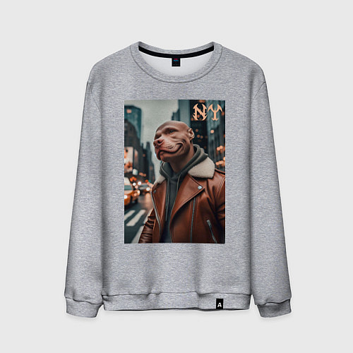 Мужской свитшот Чувак питбуль смотрящий Нью-Йорка - нейроарт / Меланж – фото 1