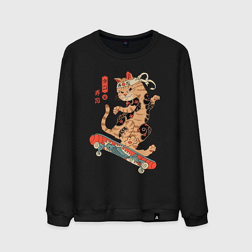 Мужской свитшот Кот самурай - скейтбордист / Черный – фото 1