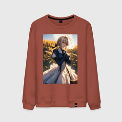 Свитшот хлопковый мужской Вайолет Эвергарден на поле пшеницы, цвет: кирпичный