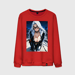 Свитшот хлопковый мужской Черная кошка на крыше небоскреба, цвет: красный