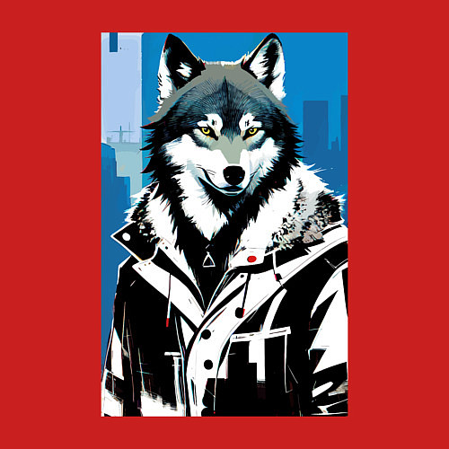 Мужской свитшот Волк в мегаполисе - нейроарт / Красный – фото 3